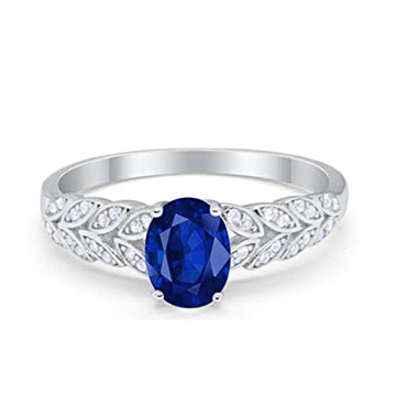 Solitaire Floral Accent Oval Simulated Blue Sapphire CZ Wedding Ring 925 Sterling Silver